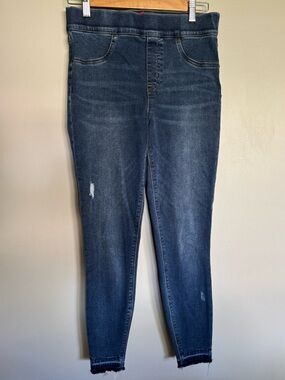 SPANX Pull-On Denim Leggings Sz M Med DarkWash Stretch Skinny Raw Hem Distressed
